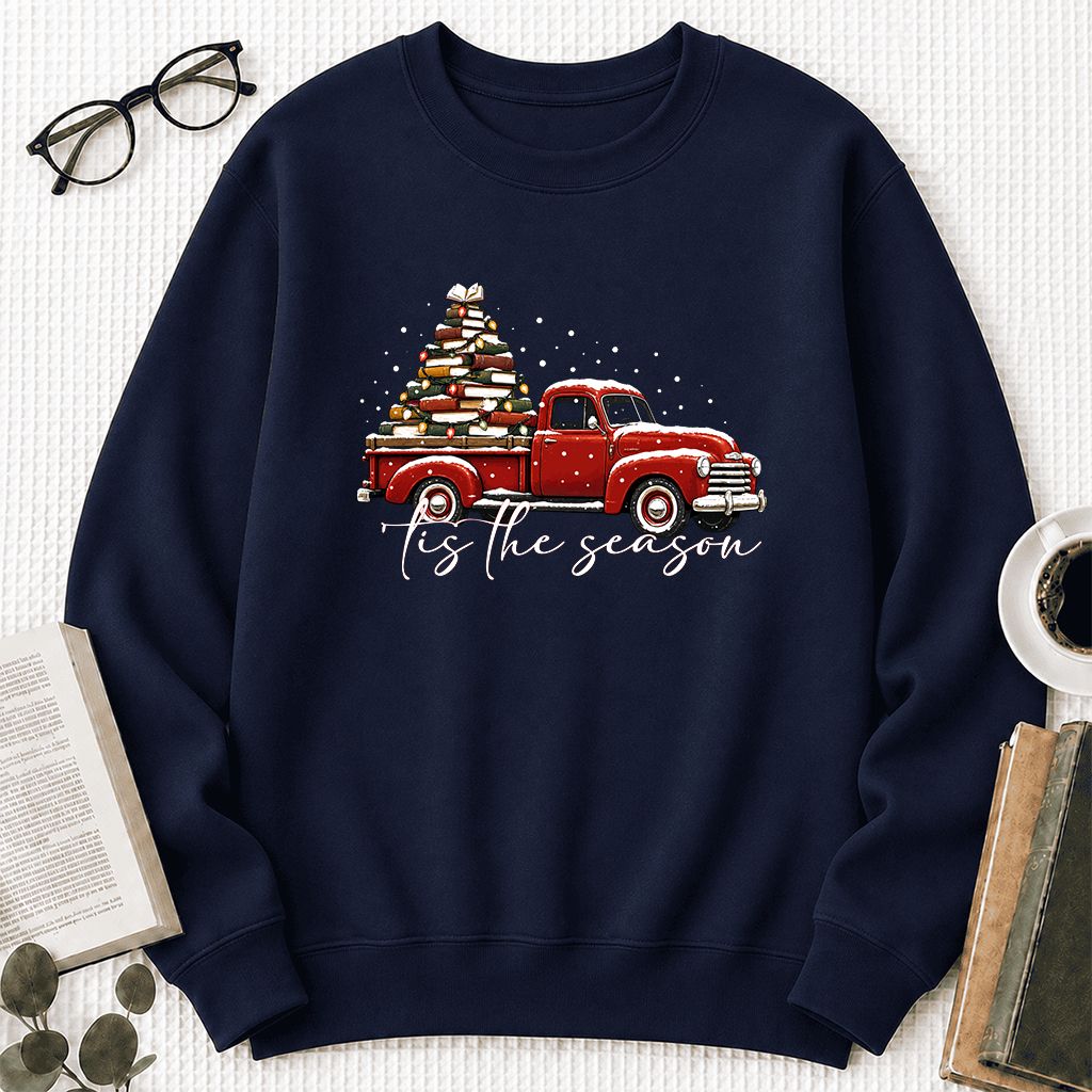 Tis The Season Printed Sweatshirt | Christmas Book Lover Gift Navy