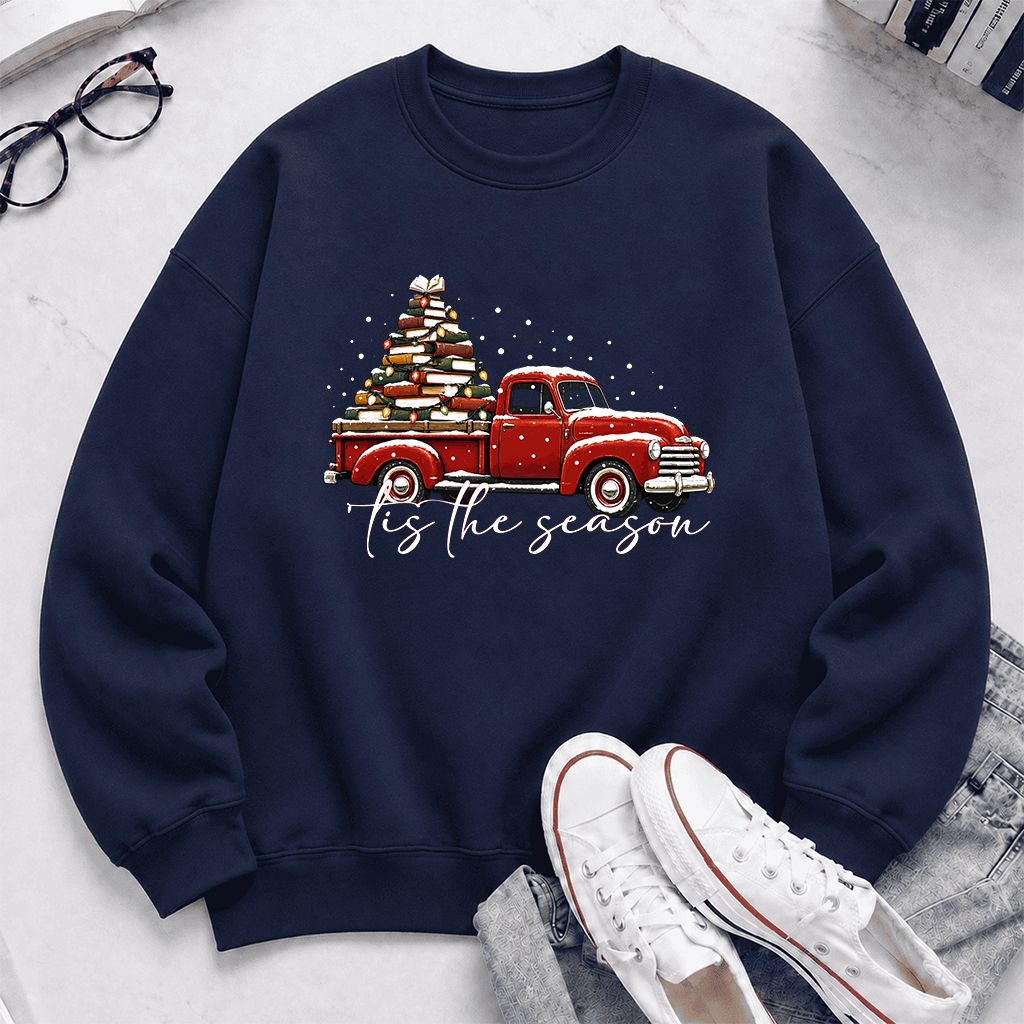 Tis The Season Printed Sweatshirt | Christmas Book Lover Gift Navy