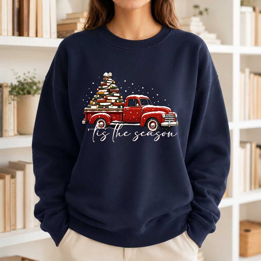 Tis The Season Printed Sweatshirt | Christmas Book Lover Gift Navy