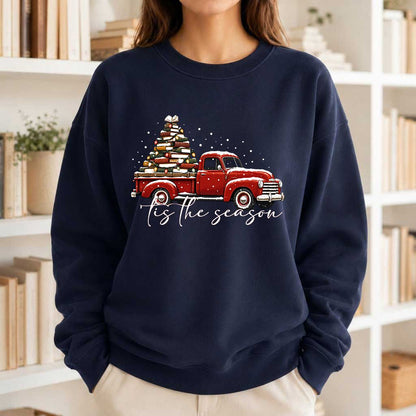 Tis The Season Printed Sweatshirt | Christmas Book Lover Gift Navy