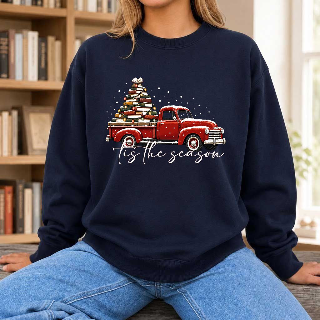 Tis The Season Printed Sweatshirt | Christmas Book Lover Gift Navy