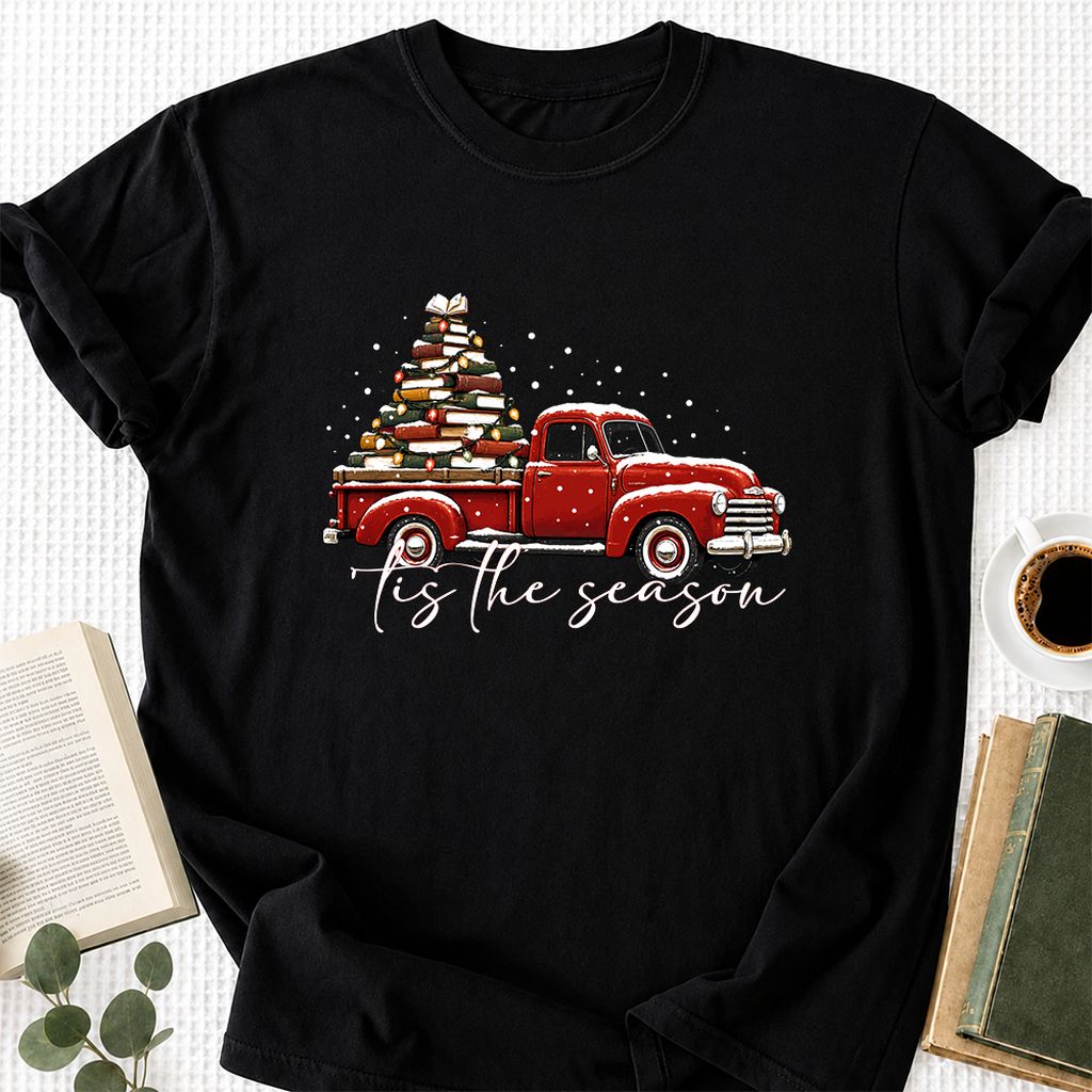 Tis The Season Printed T-Shirt | Christmas Book Lover Gift Black