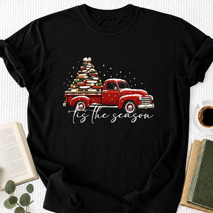 Tis The Season Printed T-Shirt | Christmas Book Lover Gift Black