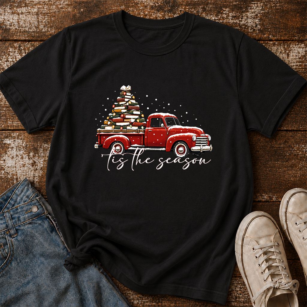 Tis The Season Printed T-Shirt | Christmas Book Lover Gift Black
