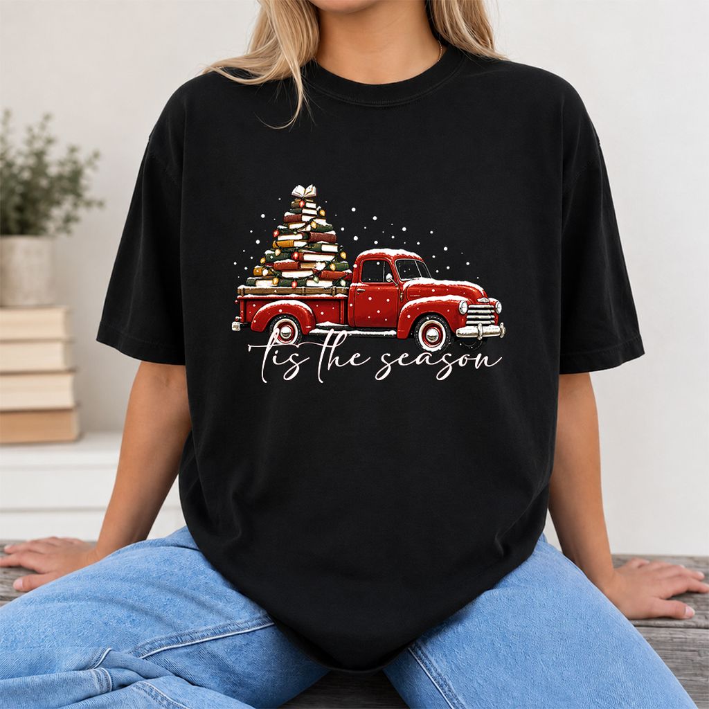 Tis The Season Printed T-Shirt | Christmas Book Lover Gift Black
