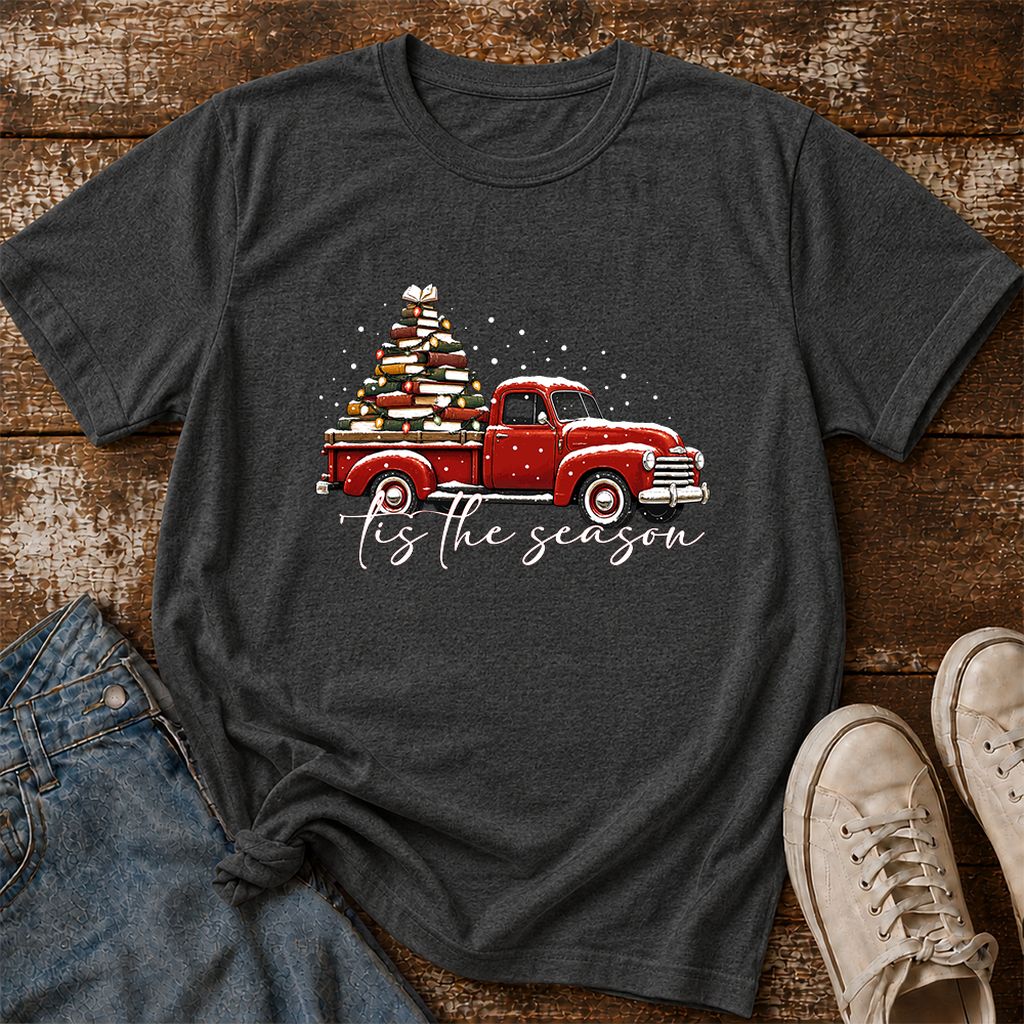 Tis The Season Printed T-Shirt | Christmas Book Lover Gift Dark Heather