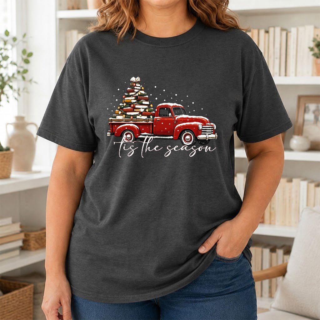 Tis The Season Printed T-Shirt | Christmas Book Lover Gift Dark Heather