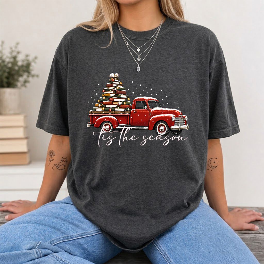 Tis The Season Printed T-Shirt | Christmas Book Lover Gift Dark Heather