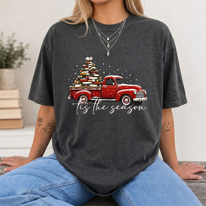 Tis The Season Printed T-Shirt | Christmas Book Lover Gift Dark Heather