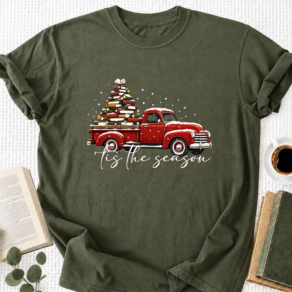 Tis The Season Printed T-Shirt | Christmas Book Lover Gift Military Green