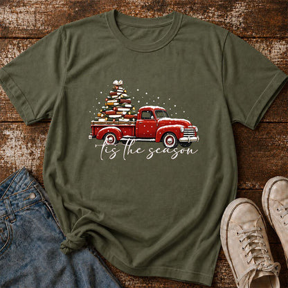 Tis The Season Printed T-Shirt | Christmas Book Lover Gift Military Green