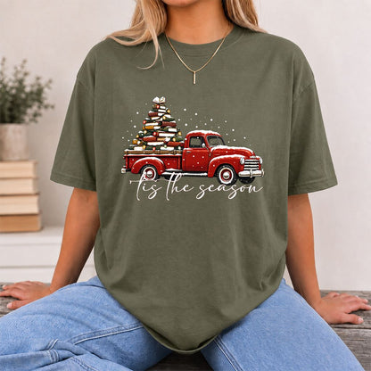 Tis The Season Printed T-Shirt | Christmas Book Lover Gift Military Green