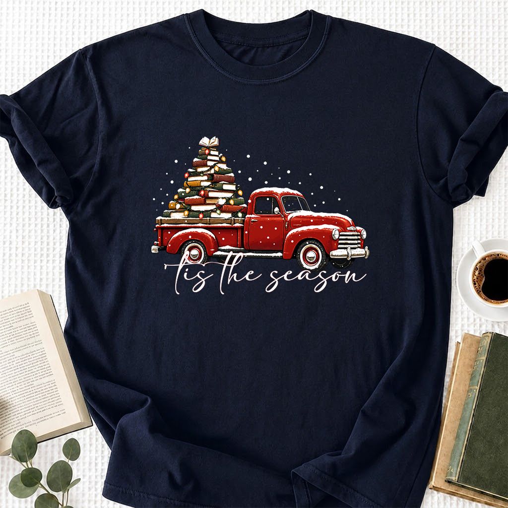 Tis The Season Printed T-Shirt | Christmas Book Lover Gift Navy