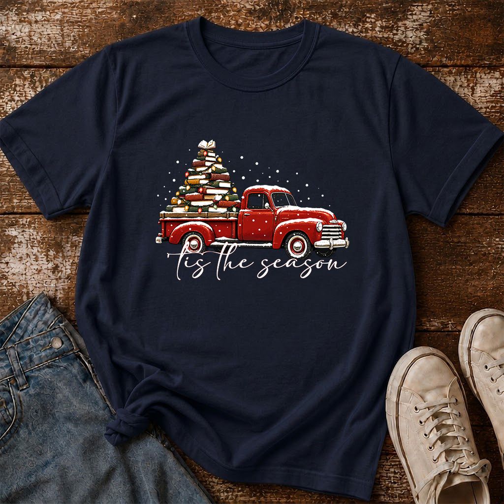 Tis The Season Printed T-Shirt | Christmas Book Lover Gift Navy