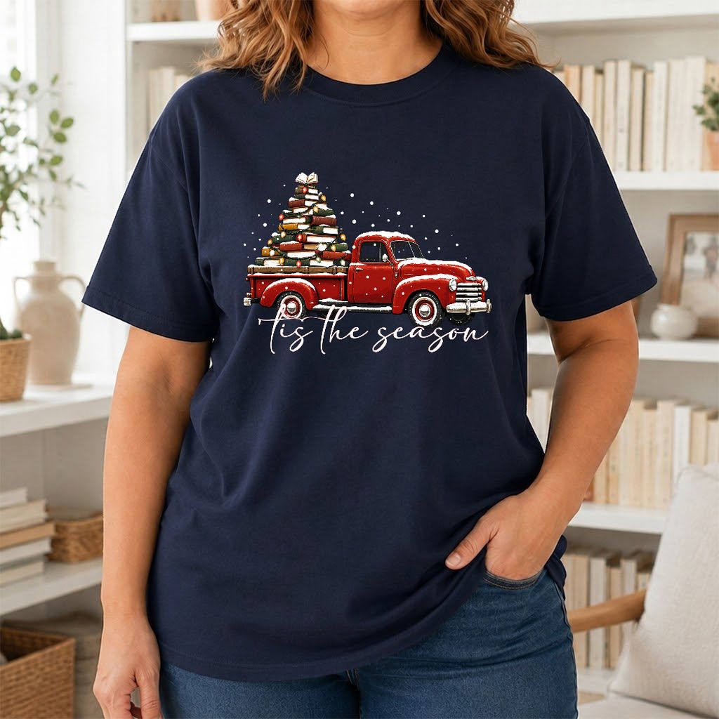 Tis The Season Printed T-Shirt | Christmas Book Lover Gift Navy
