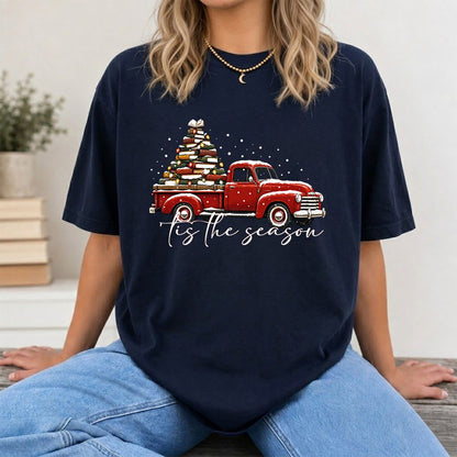 Tis The Season Printed T-Shirt | Christmas Book Lover Gift Navy