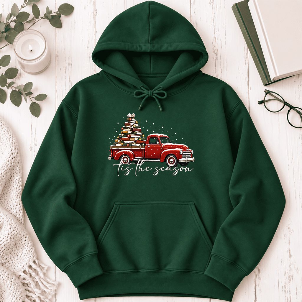Tis The Season Softstyle Hoodie | Christmas Book Lover Gift Forest Green