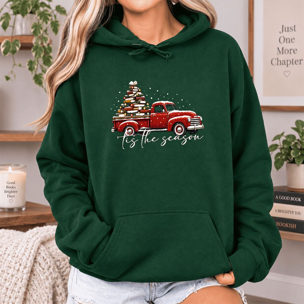 Tis The Season Softstyle Hoodie | Christmas Book Lover Gift Forest Green