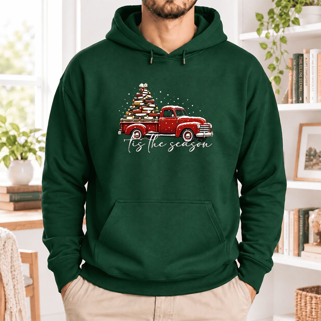 Tis The Season Softstyle Hoodie | Christmas Book Lover Gift Forest Green