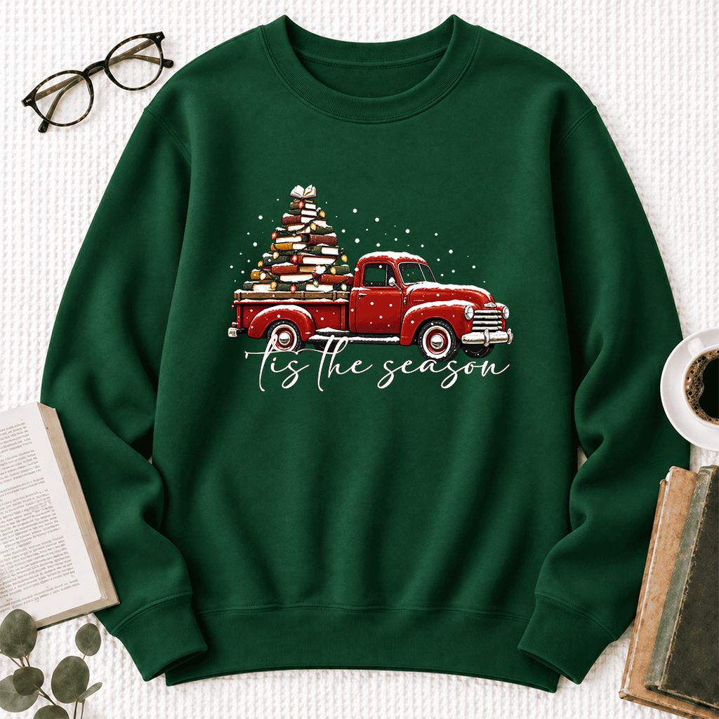 Tis The Season Softstyle Sweatshirt | Christmas Book Lover Gift Forest Green