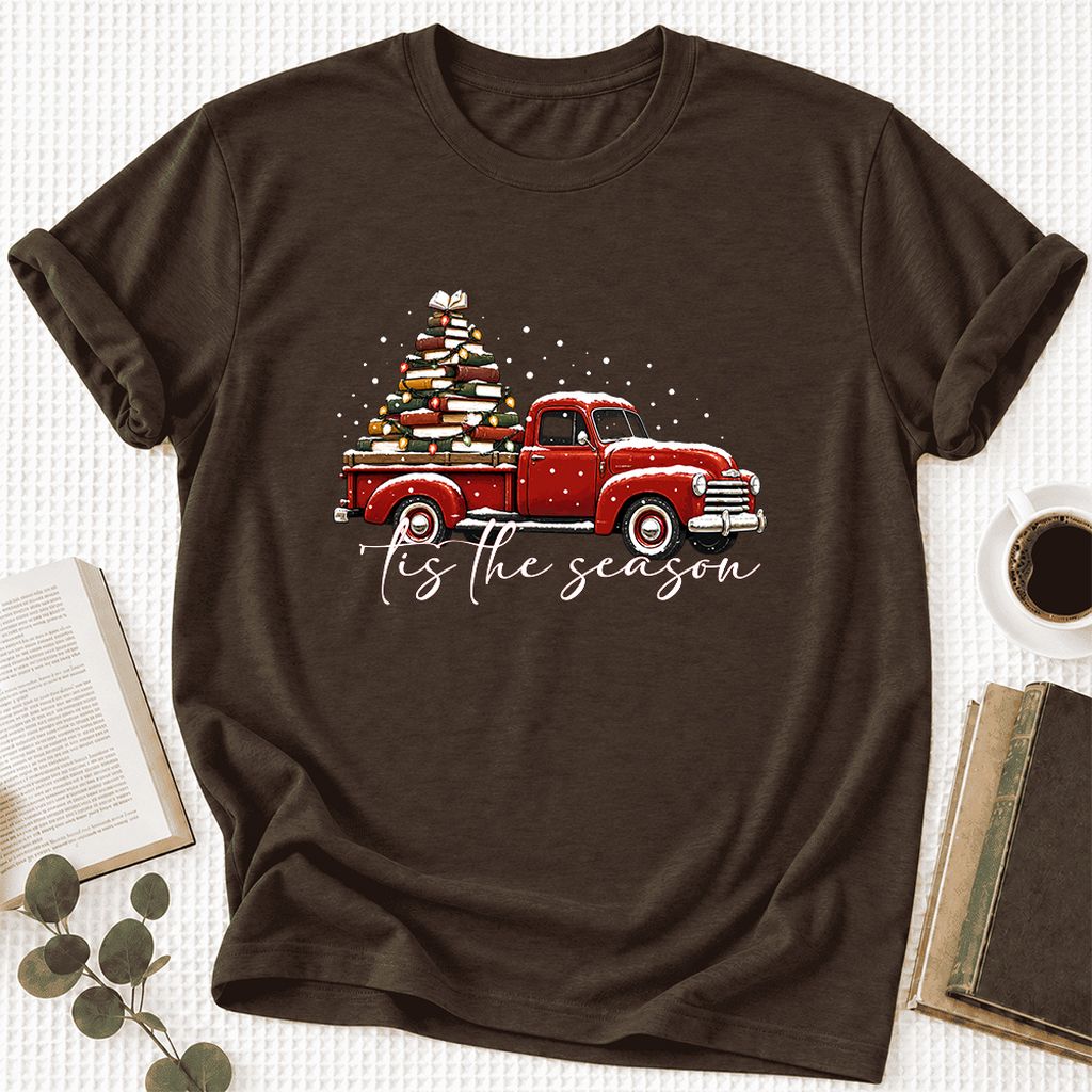 Tis The Season Ultra-Soft Cotton T-Shirt | Christmas Book Lover Gift Brown