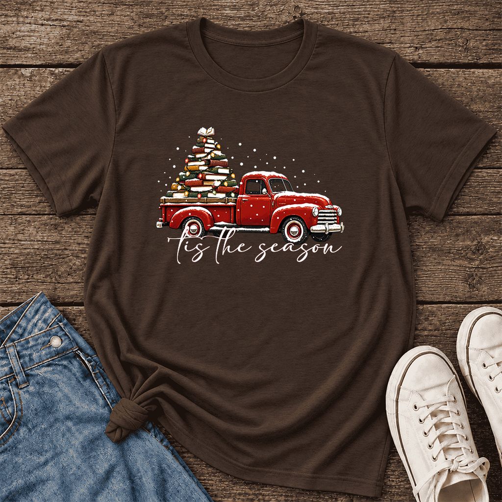 Tis The Season Ultra-Soft Cotton T-Shirt | Christmas Book Lover Gift Brown