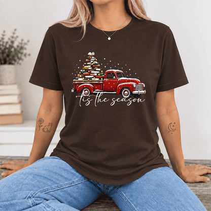 Tis The Season Ultra-Soft Cotton T-Shirt | Christmas Book Lover Gift Brown
