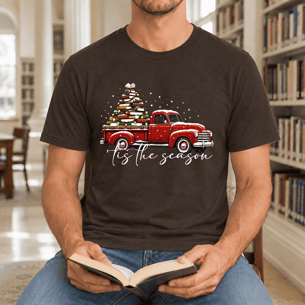 Tis The Season Ultra-Soft Cotton T-Shirt | Christmas Book Lover Gift Brown