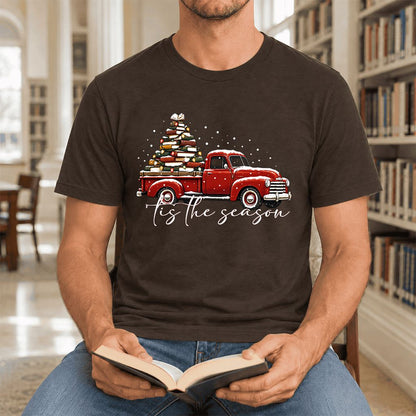 Tis The Season Ultra-Soft Cotton T-Shirt | Christmas Book Lover Gift Brown
