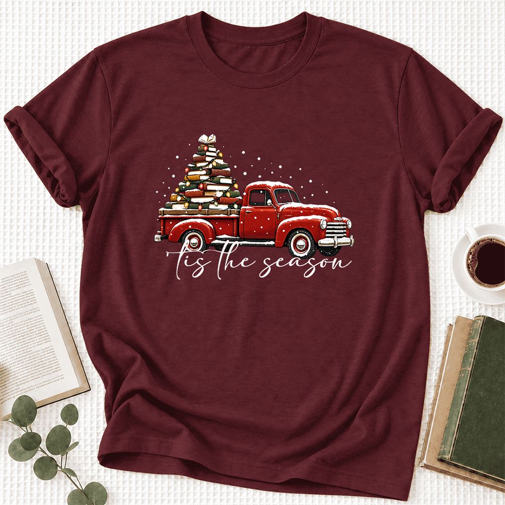 Tis The Season Ultra-Soft Cotton T-Shirt | Christmas Book Lover Gift Maroon
