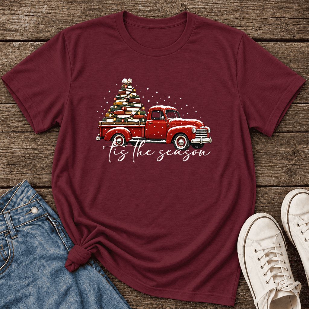 Tis The Season Ultra-Soft Cotton T-Shirt | Christmas Book Lover Gift Maroon