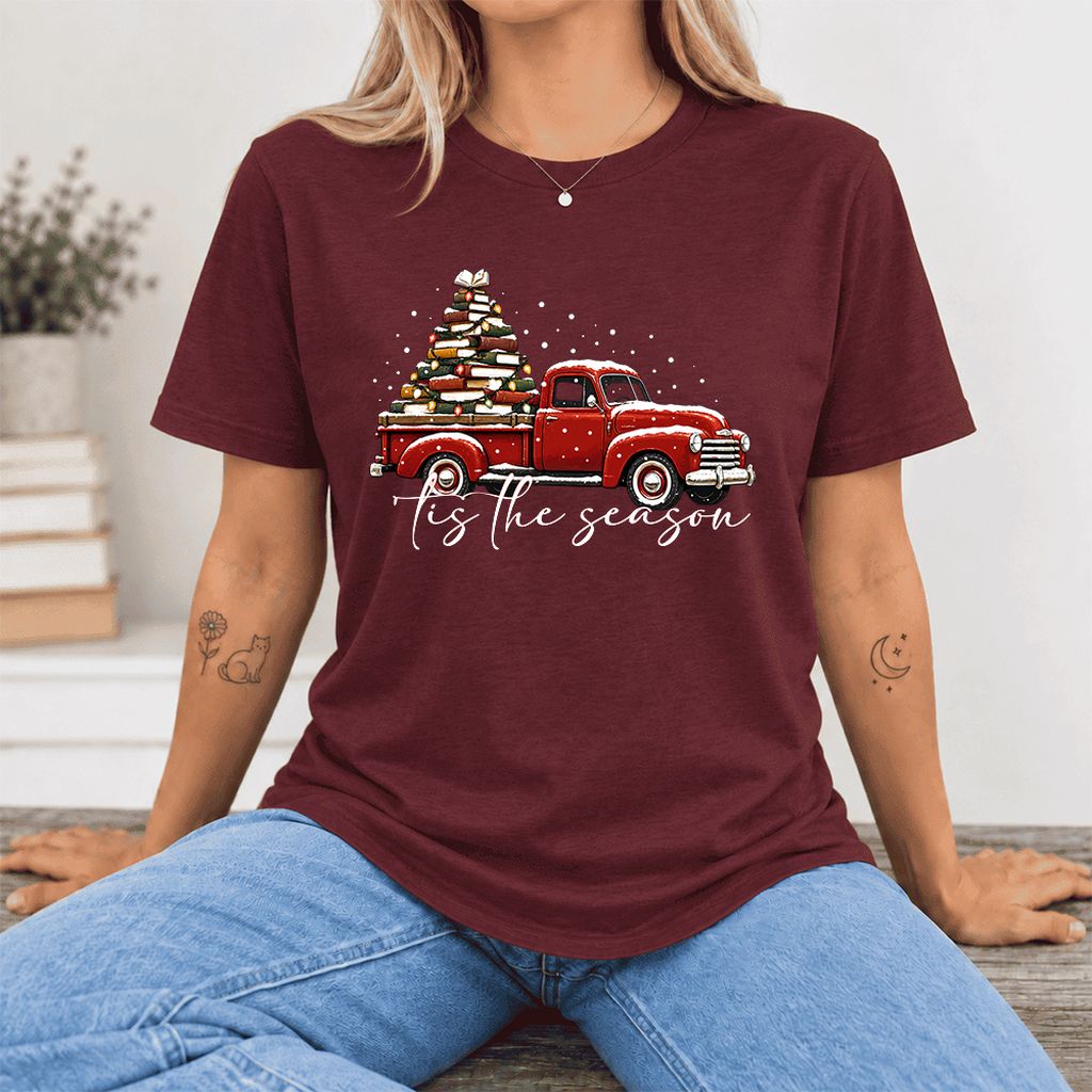 Tis The Season Ultra-Soft Cotton T-Shirt | Christmas Book Lover Gift Maroon