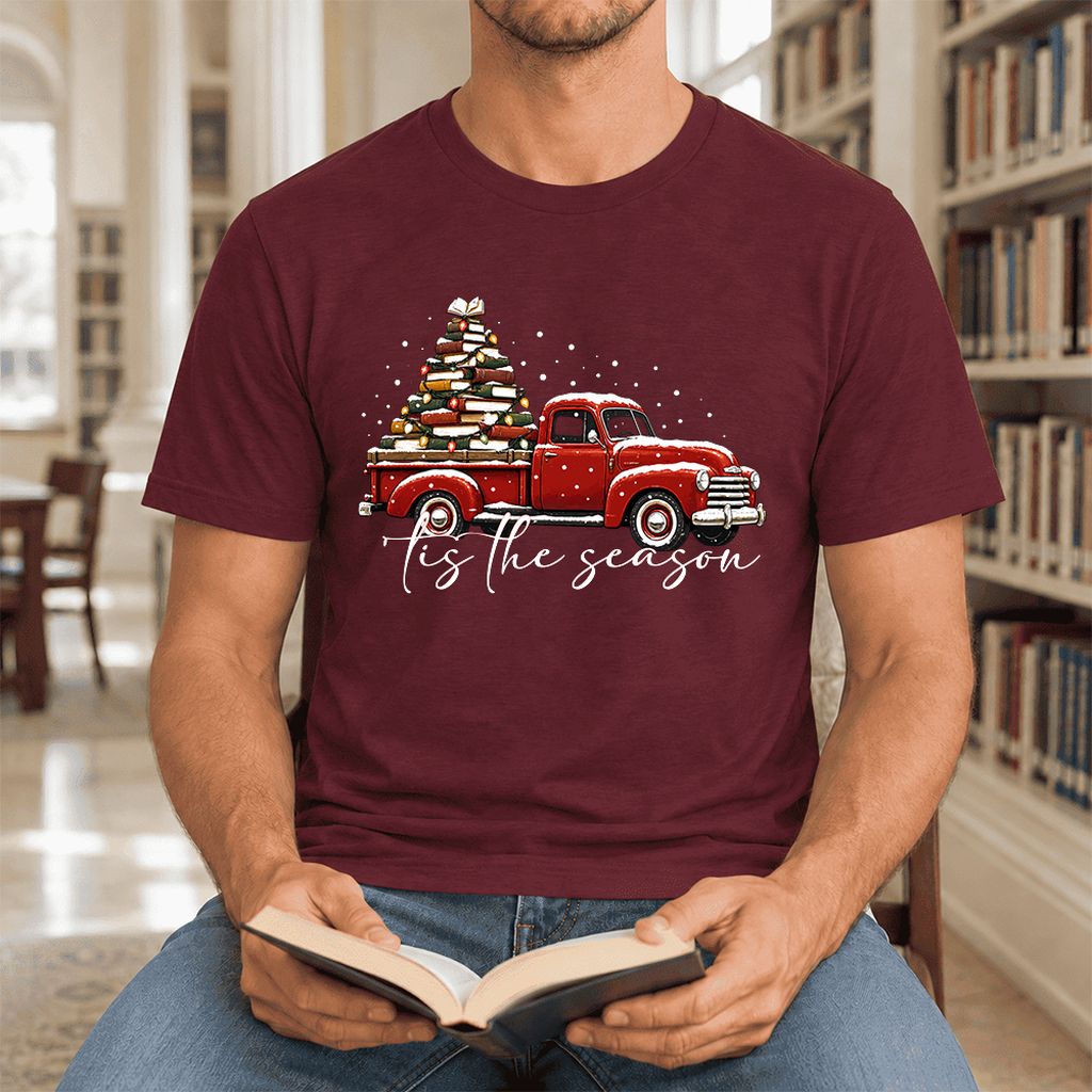 Tis The Season Ultra-Soft Cotton T-Shirt | Christmas Book Lover Gift Maroon