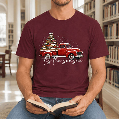 Tis The Season Ultra-Soft Cotton T-Shirt | Christmas Book Lover Gift Maroon
