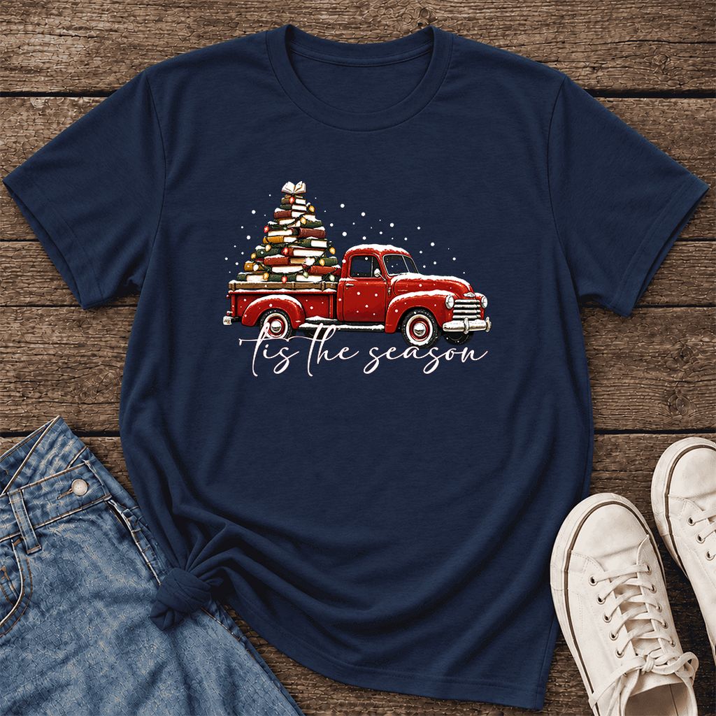 Tis The Season Ultra-Soft Cotton T-Shirt | Christmas Book Lover Gift Navy