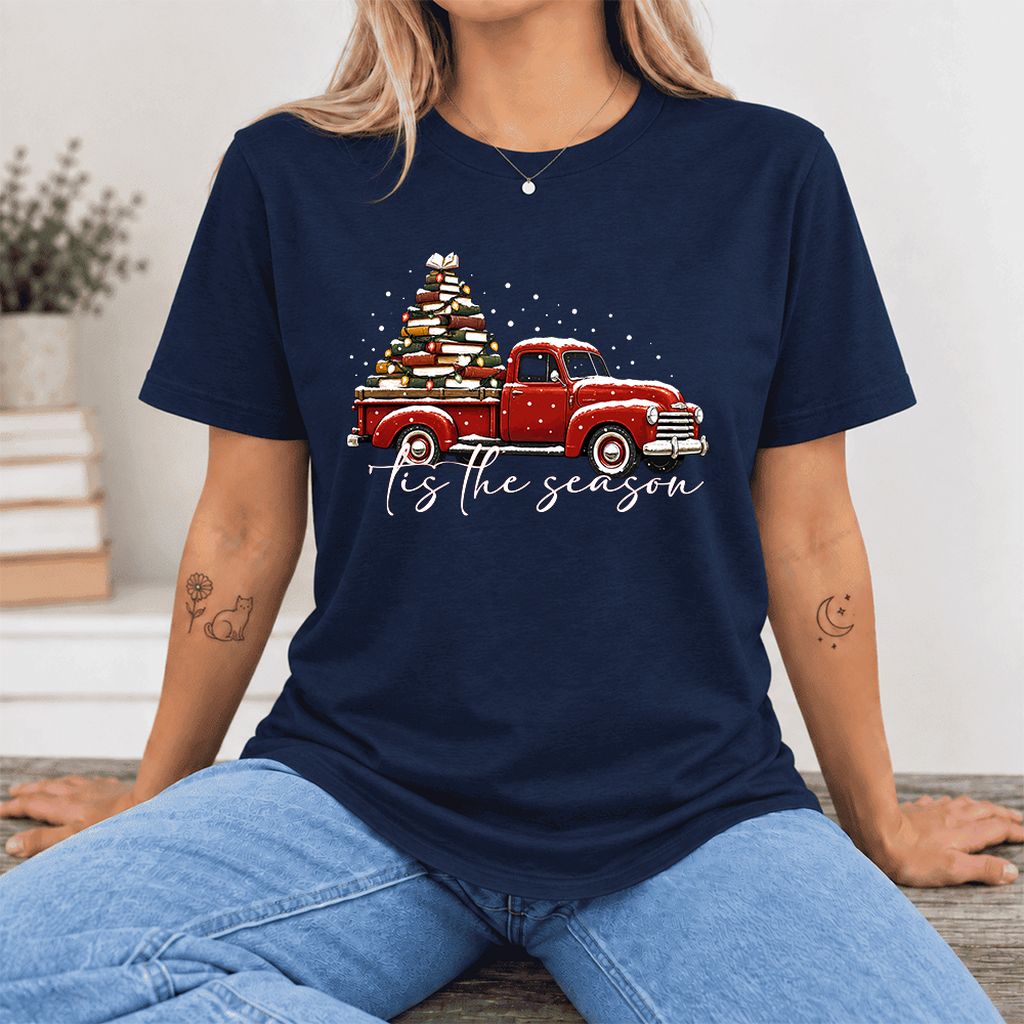 Tis The Season Ultra-Soft Cotton T-Shirt | Christmas Book Lover Gift Navy
