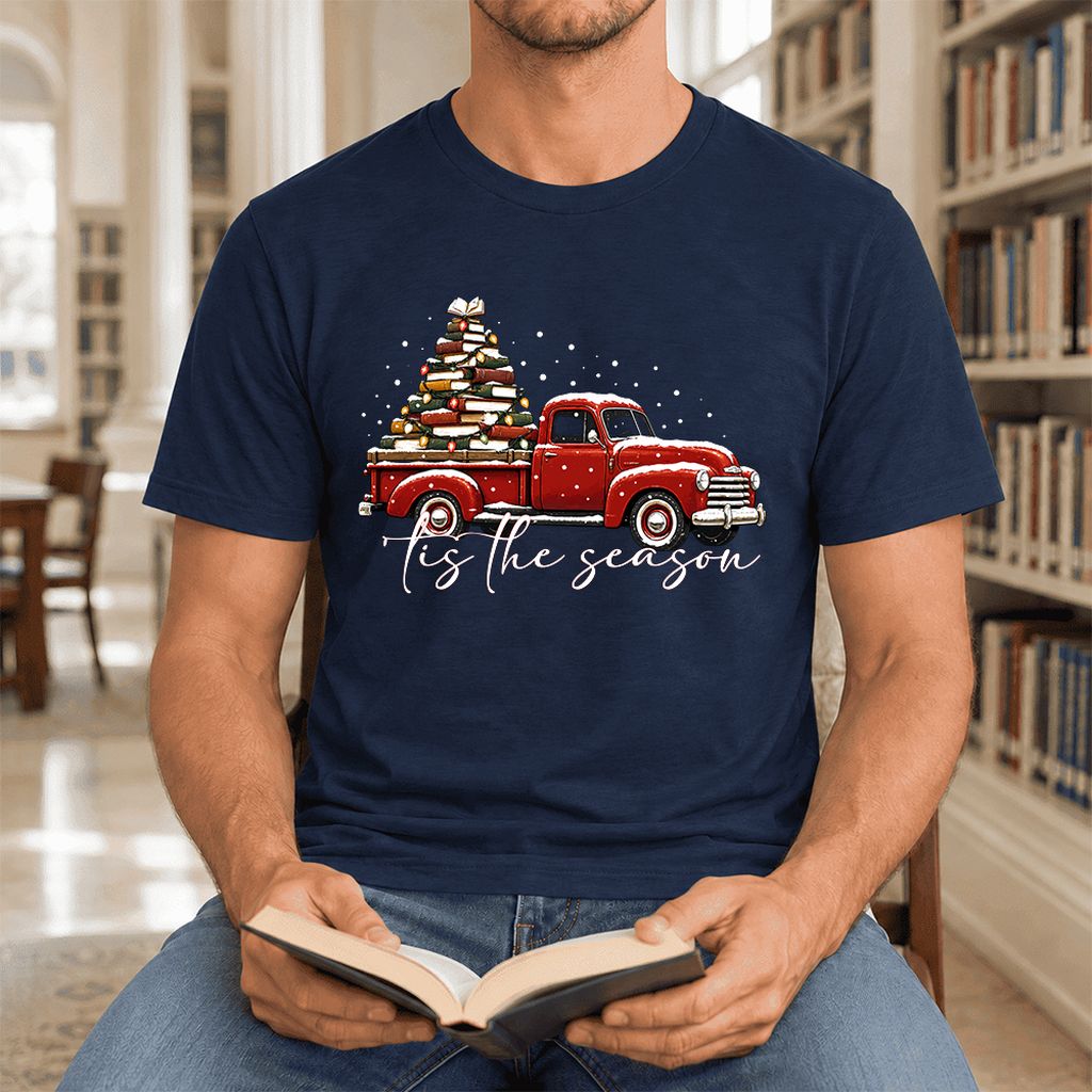 Tis The Season Ultra-Soft Cotton T-Shirt | Christmas Book Lover Gift Navy