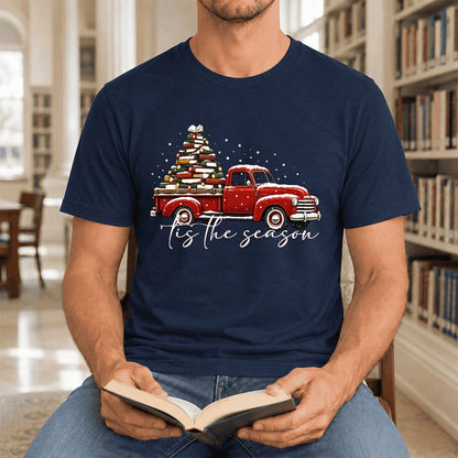 Tis The Season Ultra-Soft Cotton T-Shirt | Christmas Book Lover Gift Navy