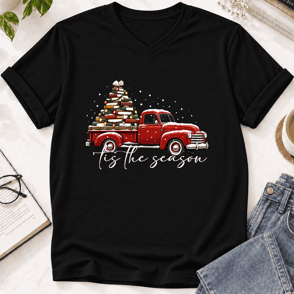 Tis The Season Ultra-Soft V-Neck | Christmas Book Lover Gift Black