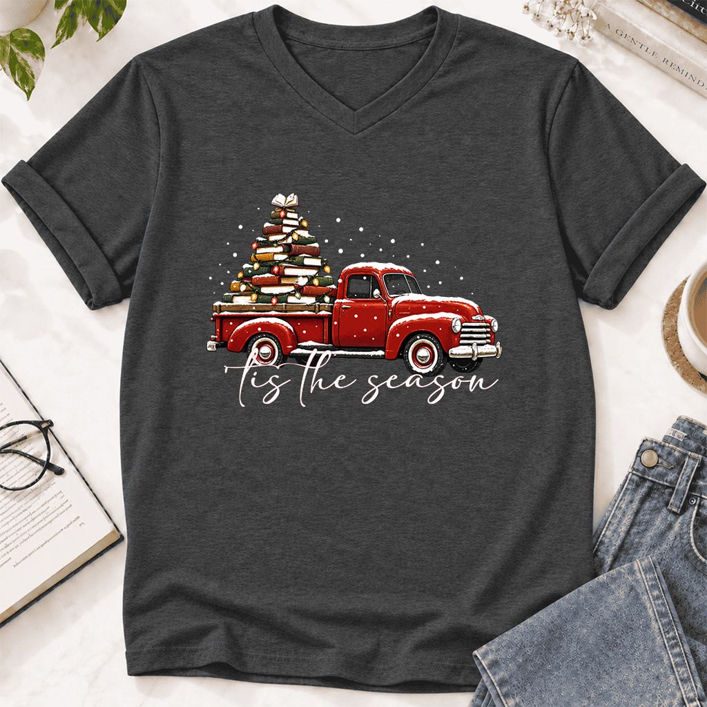 Tis The Season Ultra-Soft V-Neck | Christmas Book Lover Gift Dark Grey Heather