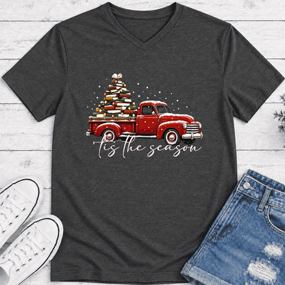 Tis The Season Ultra-Soft V-Neck | Christmas Book Lover Gift Dark Grey Heather