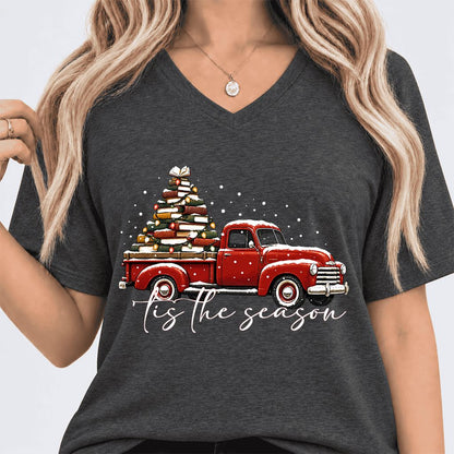 Tis The Season Ultra-Soft V-Neck | Christmas Book Lover Gift Dark Grey Heather