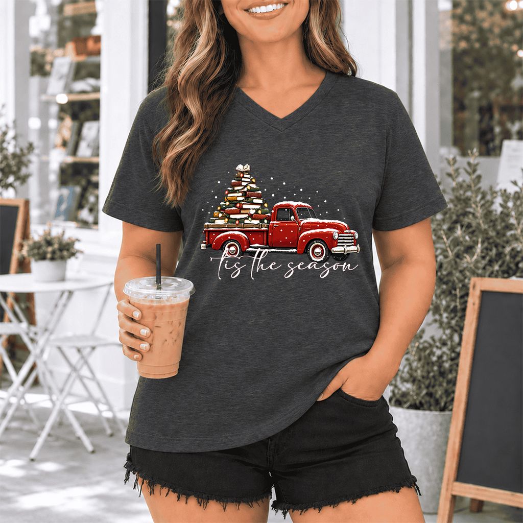 Tis The Season Ultra-Soft V-Neck | Christmas Book Lover Gift Dark Grey Heather