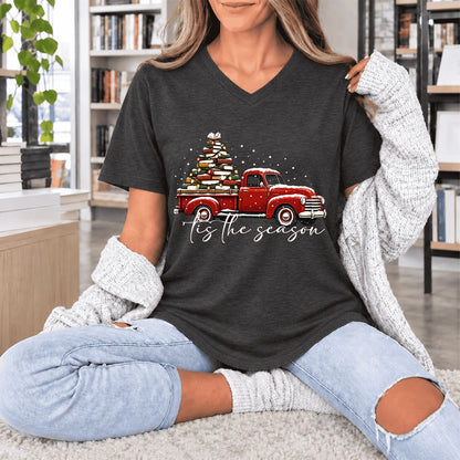 Tis The Season Ultra-Soft V-Neck | Christmas Book Lover Gift Dark Grey Heather
