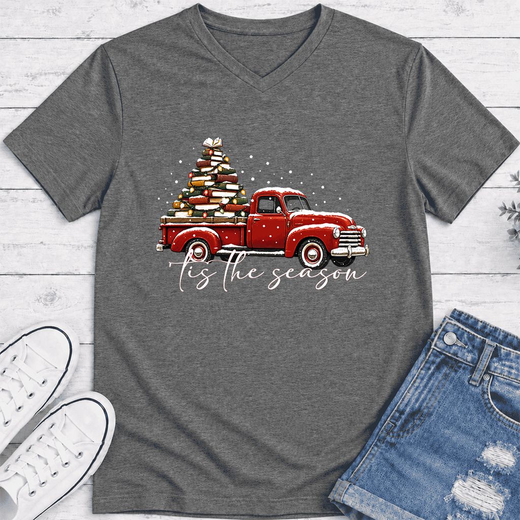 Tis The Season Ultra-Soft V-Neck | Christmas Book Lover Gift Deep Heather