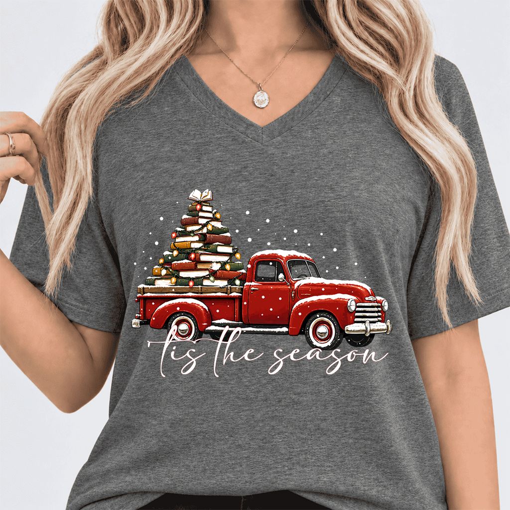 Tis The Season Ultra-Soft V-Neck | Christmas Book Lover Gift Deep Heather