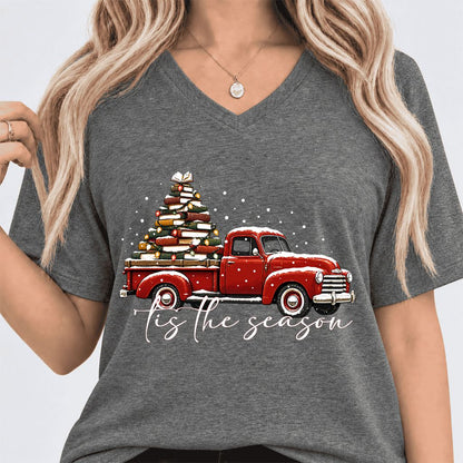 Tis The Season Ultra-Soft V-Neck | Christmas Book Lover Gift Deep Heather