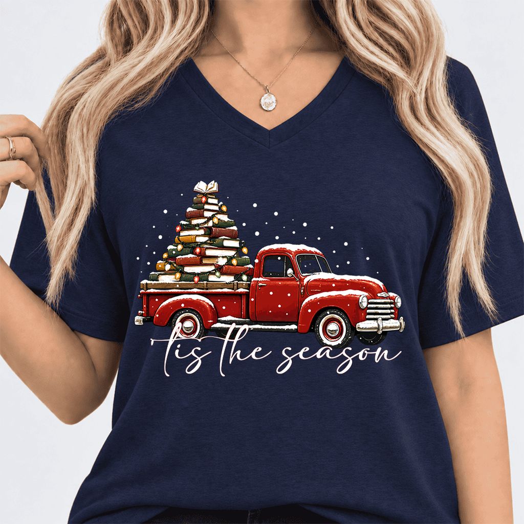 Tis The Season Ultra-Soft V-Neck | Christmas Book Lover Gift Navy