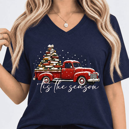 Tis The Season Ultra-Soft V-Neck | Christmas Book Lover Gift Navy