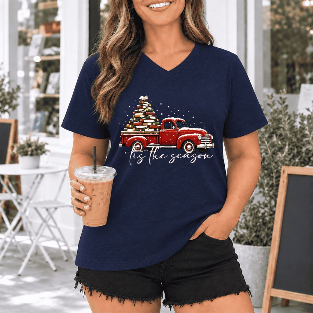 Tis The Season Ultra-Soft V-Neck | Christmas Book Lover Gift Navy